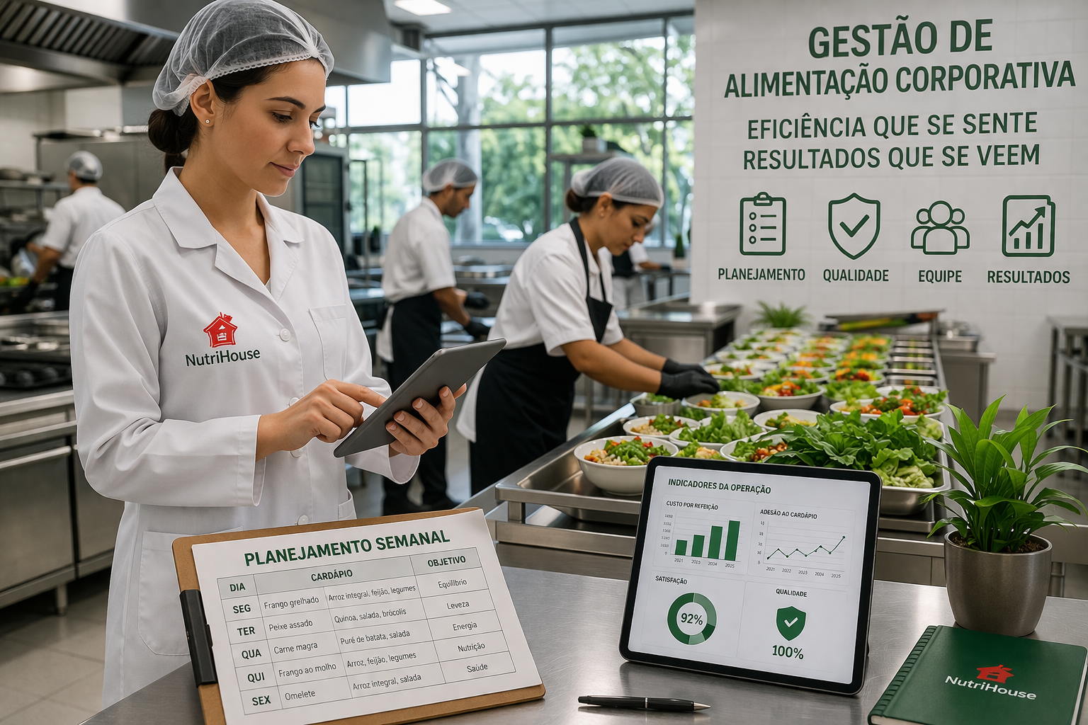 Operação de alimentação corporativa com controle de qualidade, planejamento de cardápio e equipe em cozinha industrial